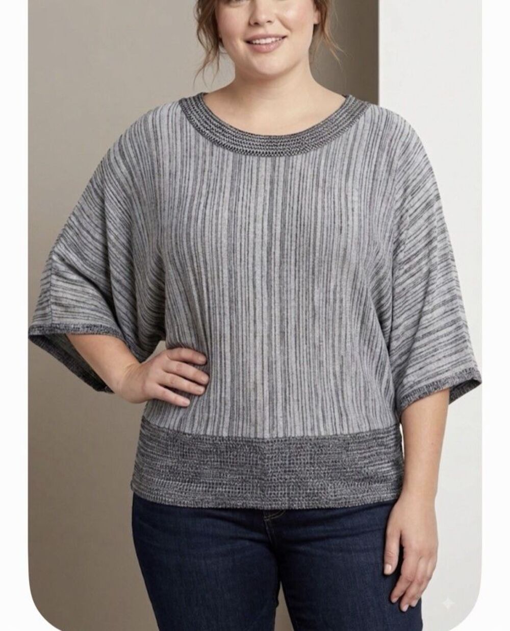 Brittany Blake 3X Plus Size Marled Gray Ribbed Knit Stretch Sweater Top Made USA